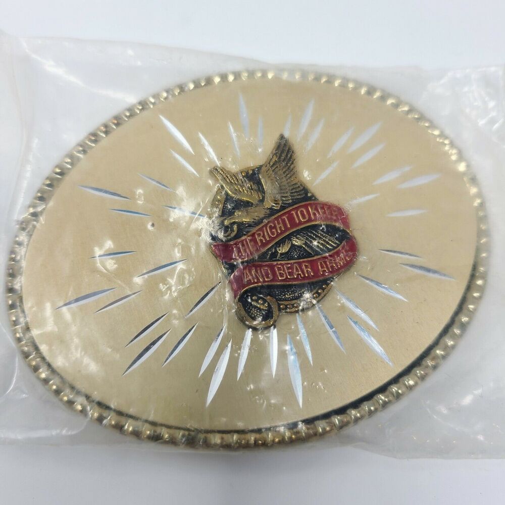 Vintage THE RIGHT TO BEAR ARMS Belt Buckle Etched Starburst Matte Goldtone Rare
